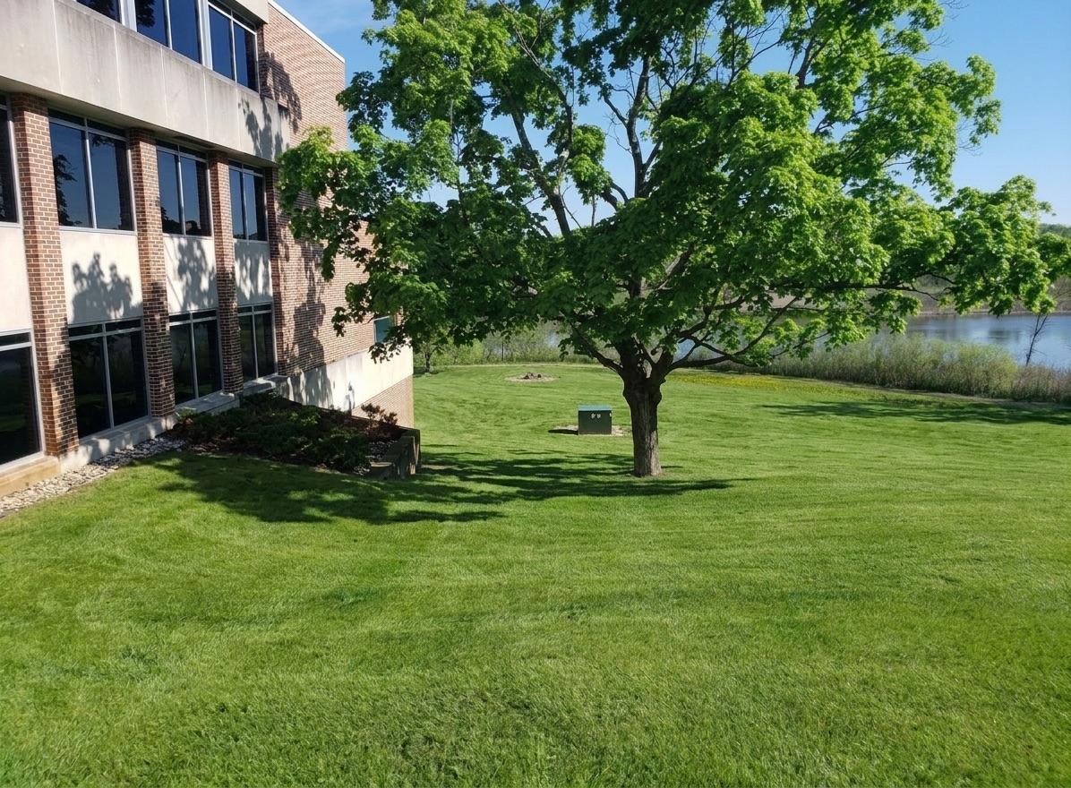 Maintained lawn and mature tree beside a building frontage, with water beyond