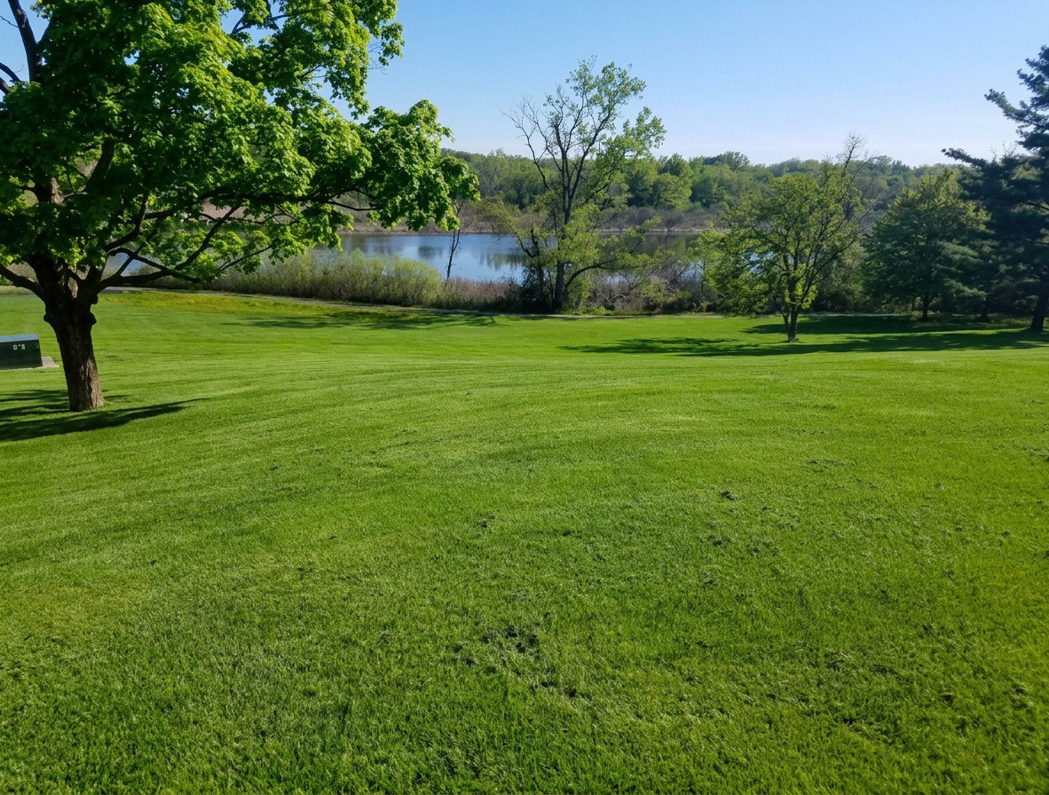 Expansive, freshly mowed lawn sloping toward a treeline and lake on a large Southeast Michigan property
